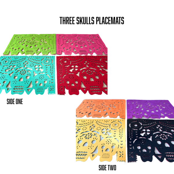 Three Skulls Placemat, Both Sides Shown, eight different colors