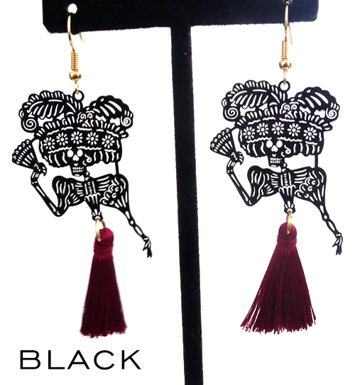 Papel picado style tassel earrings, "Catrina", Black + Burgundy