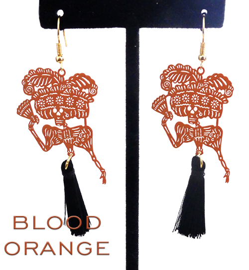 Papel picado style tassel earrings, "Catrina", Blood Orange + Black