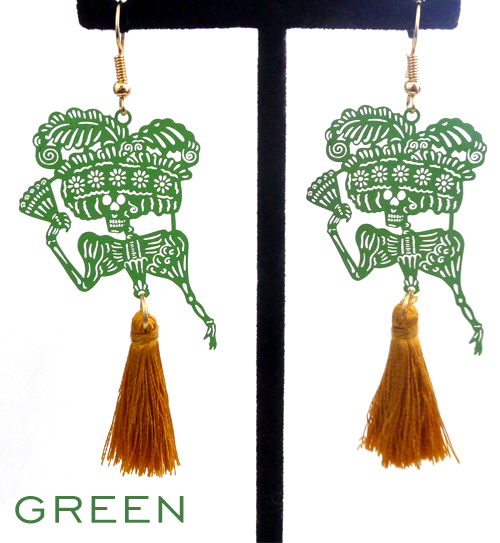 Papel picado style tassel earrings, "Catrina", Green + Gold