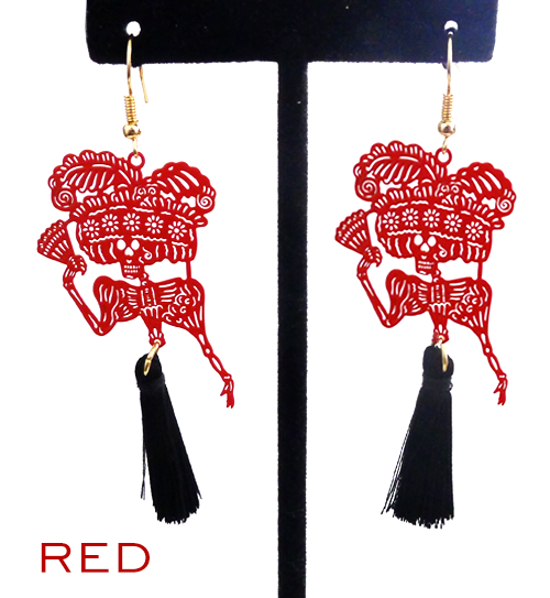Papel picado style tassel earrings, "Catrina", Red + Black