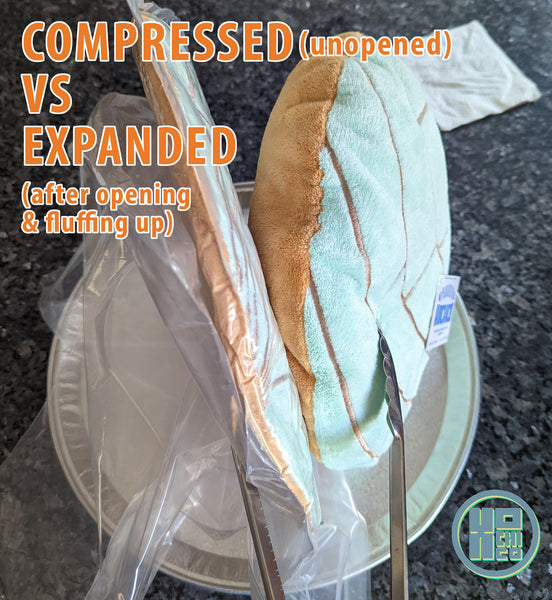 Comparison of compressed vs expanded Pastel Green concha cushion.