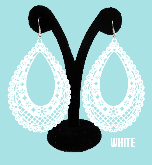 Papel Picado Earrings, "Teardrop", White