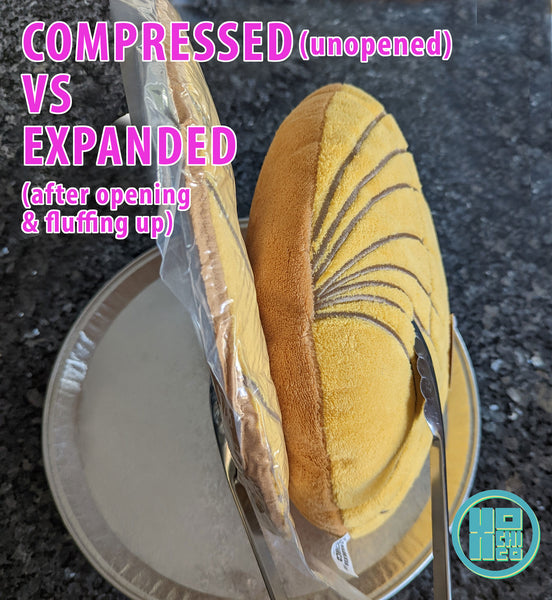 Yellow Plush Concha cushion, compressed vs expanded comparison photo