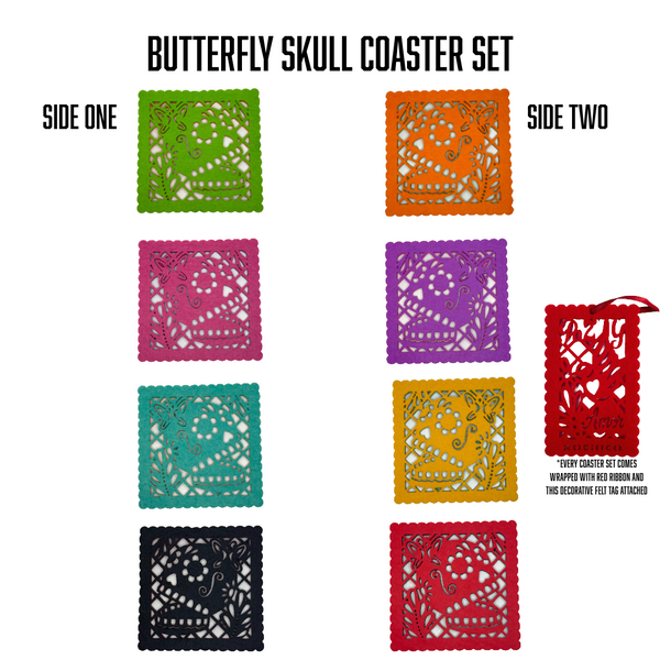 Butterfly skull coaster set showing all colors and felt tag