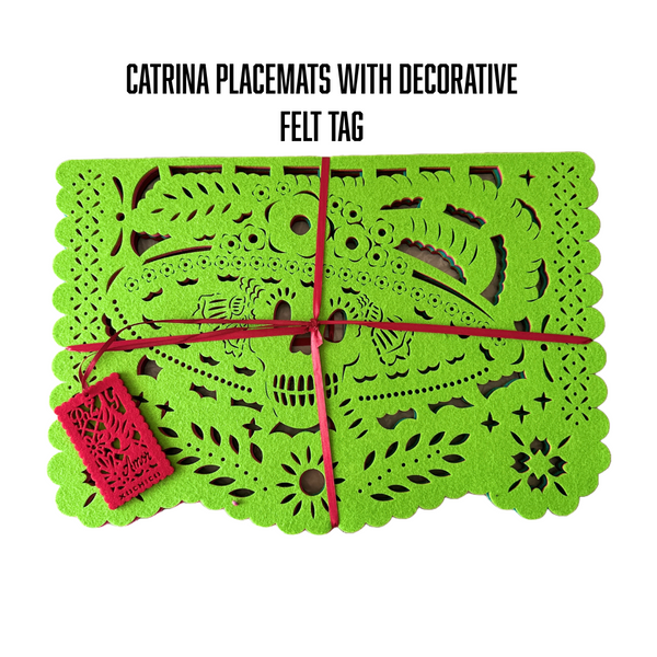 Catrina Placemat with decorative felt tag, wrapped with red ribbon