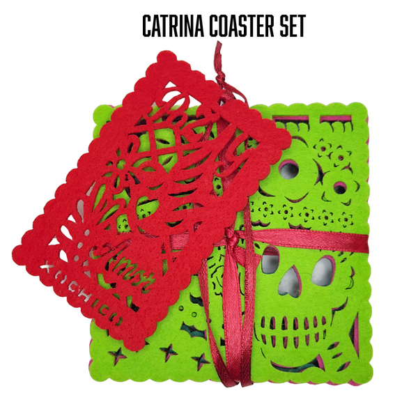 Catrina Coaster Set with decorative felt tag