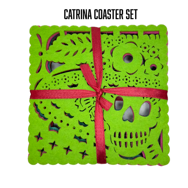 Catrina Coaster Set with red ribbon