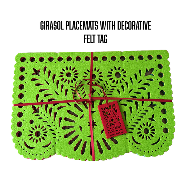 Girasol Placemats with decorative felt tag, wrapped in red ribbon