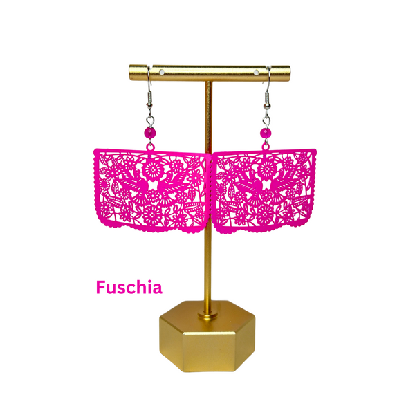 Papel Picado Earrings, Palomas, Fuschia color