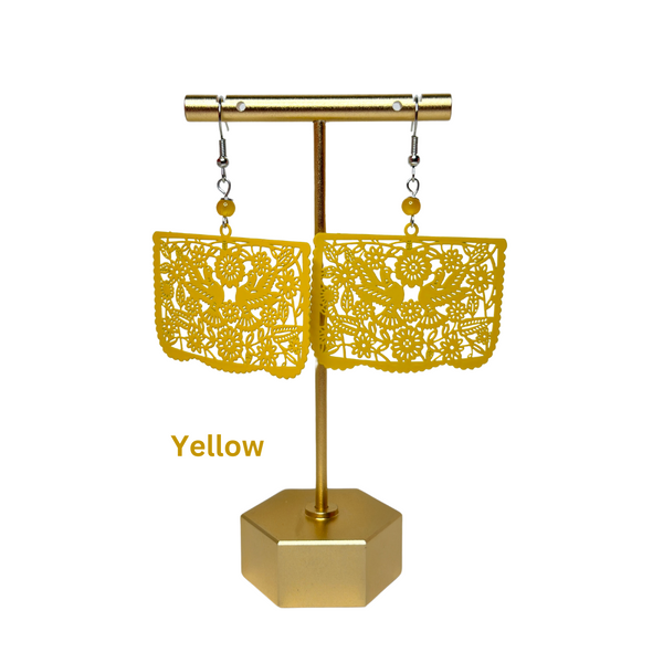 Papel Picado Earrings, Palomas, Yellow Color