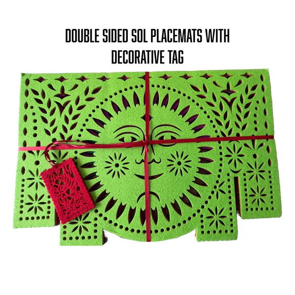 Sol placemats with decorative tag, wrapped with red ribbon