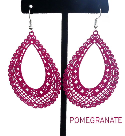 Papel Picado Earrings, "Teardrop", Pomengranate