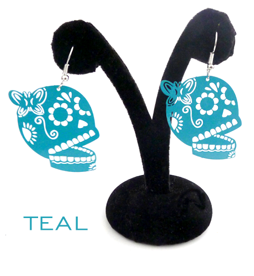 Papel Picado style "Butterfly Skull" earrings, Teal
