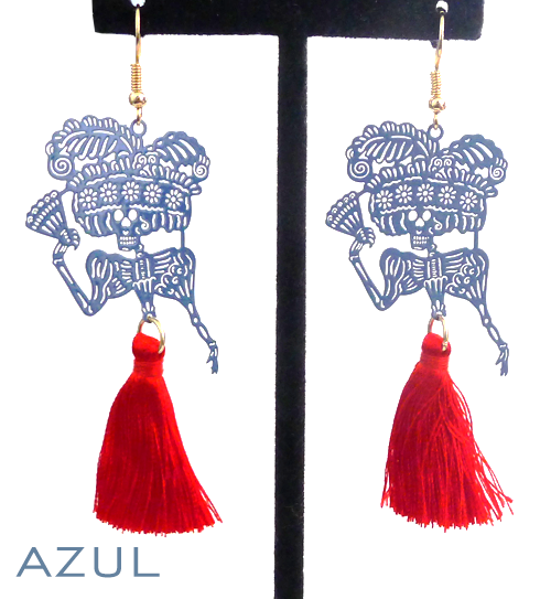 Papel picado style tassel earrings, "Catrina", Azul + Red