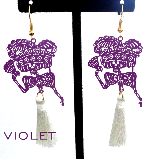 Papel picado style tassel earrings, "Catrina", Violet + White