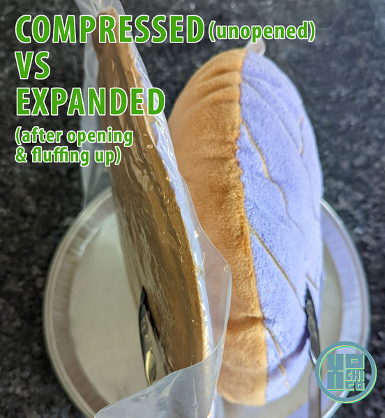 Photo comparing compressed vs expanded pastel purple concha plush cushion.