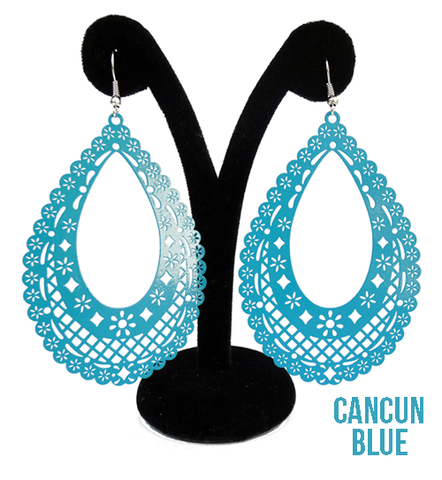 Papel Picado Earrings, "Teardrop", Cancun Blue